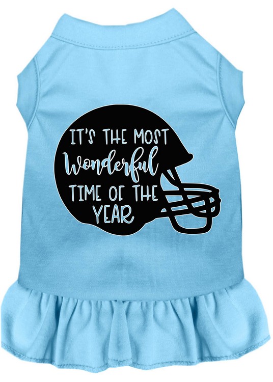 Most Wonderful Time of the Year (Football) Screen Print Dog Dress Baby Blue Lg